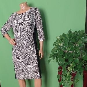 Lauren Ralph Lauren Navy & White Geometric Midi Sheath Dress, Sz. 14